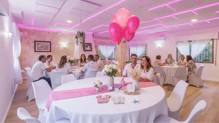 Salón decorado en rosa para un baby shower