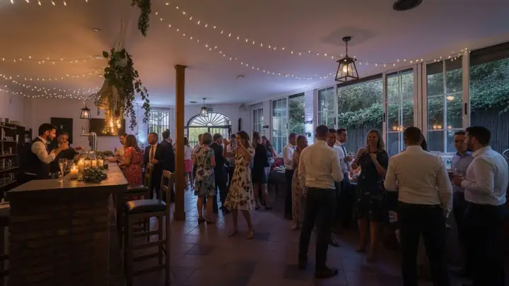 Fiesta nocturna con guirnaldas de luces en el salón acristalado