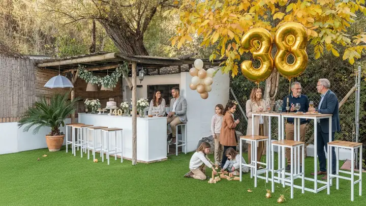 Cumpleaños familiar en el jardín de la finca con globos dorados